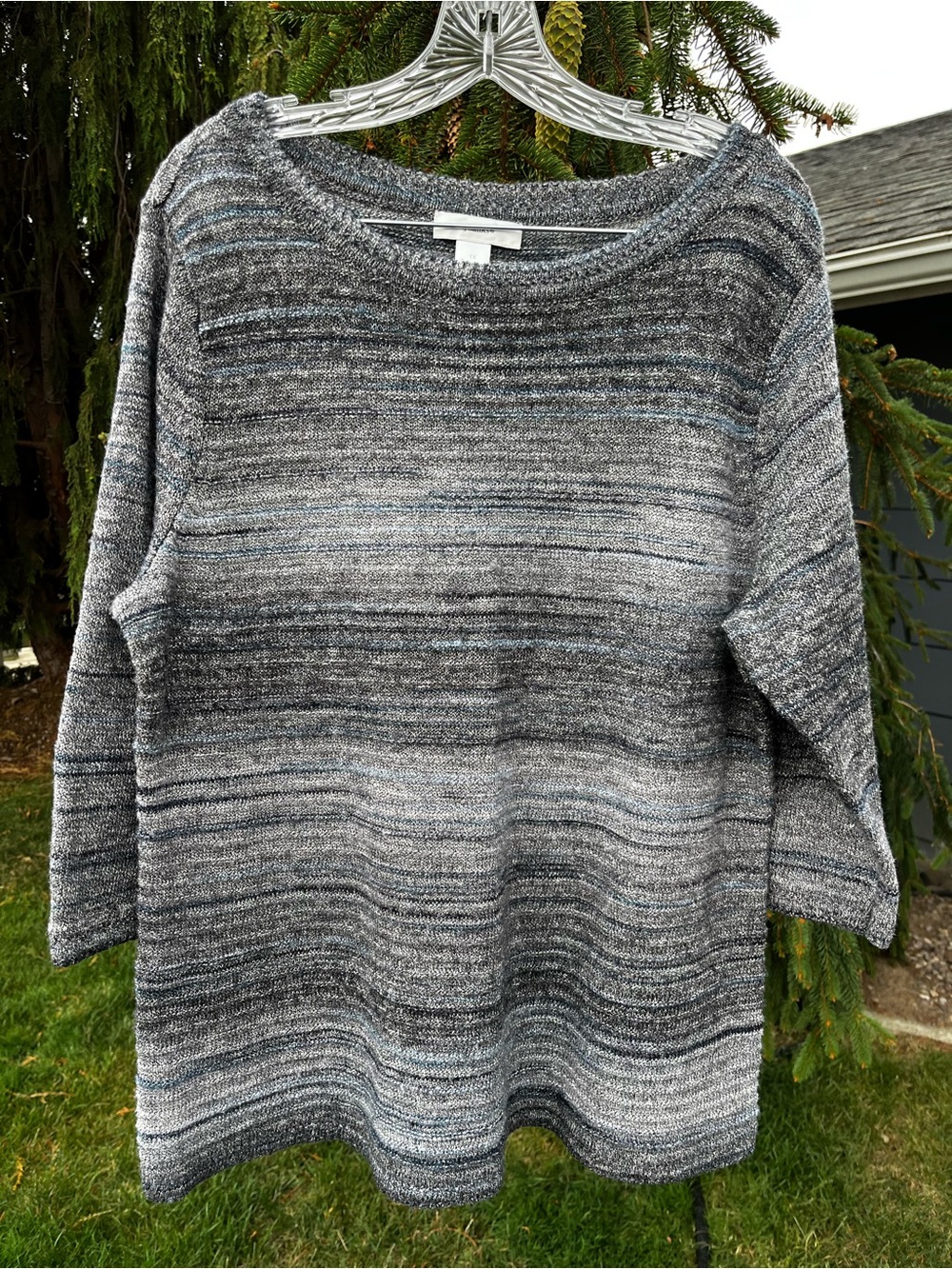CJ Banks 1X Gray Blue Marled Knit Sweater Pullover 3/4 Sleeve
